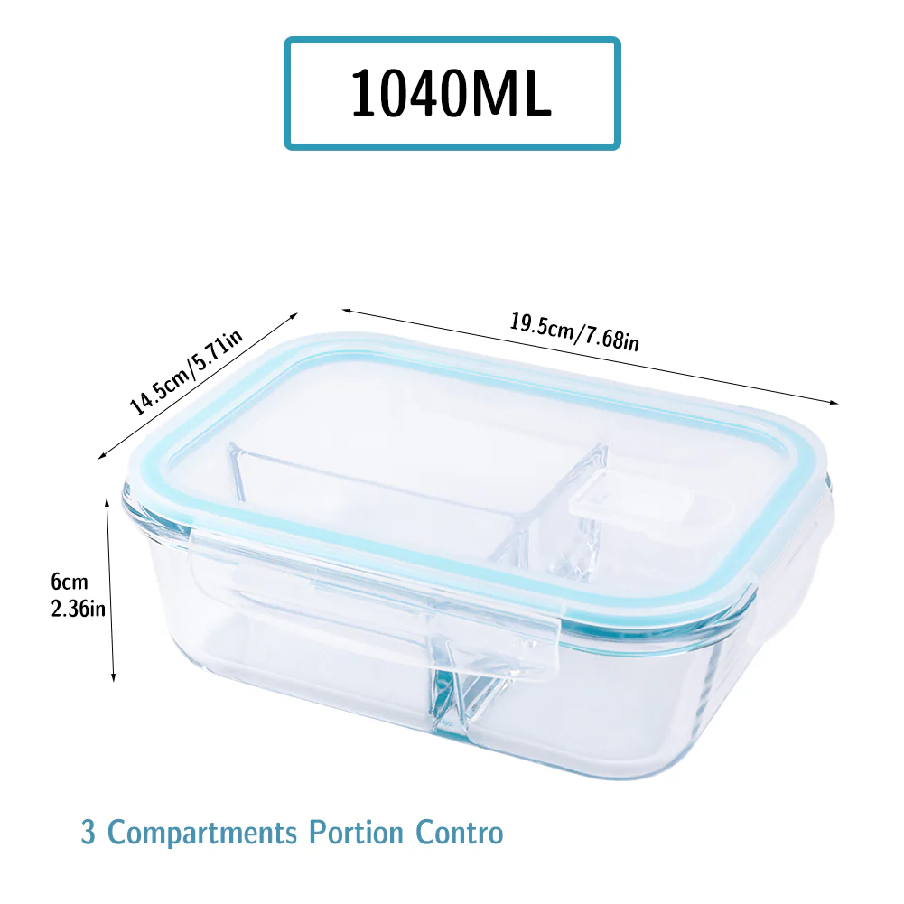 1040ML ,3 Compartment Glass Meal Prep Containers