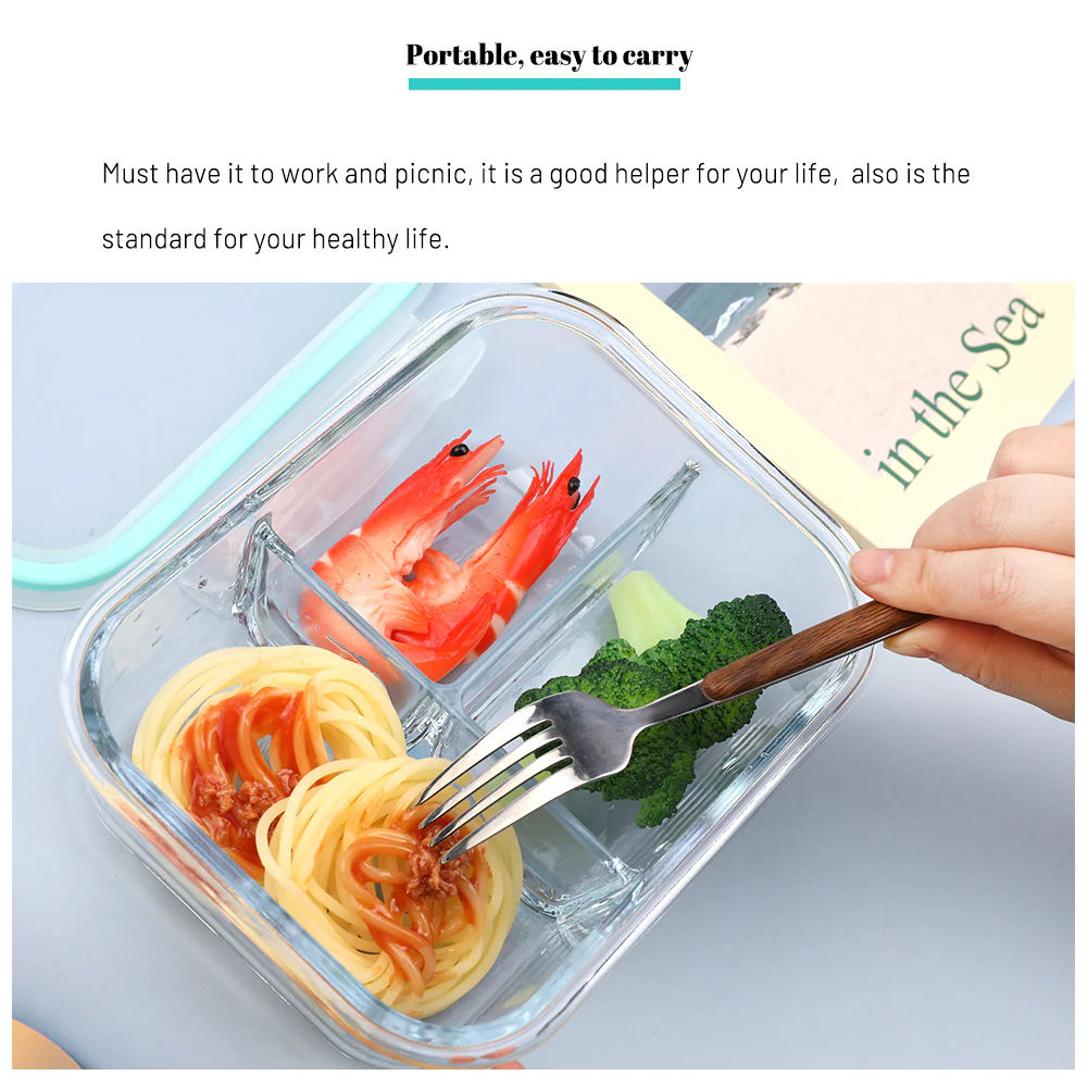 1040ML ,3 Compartment Glass Meal Prep Containers