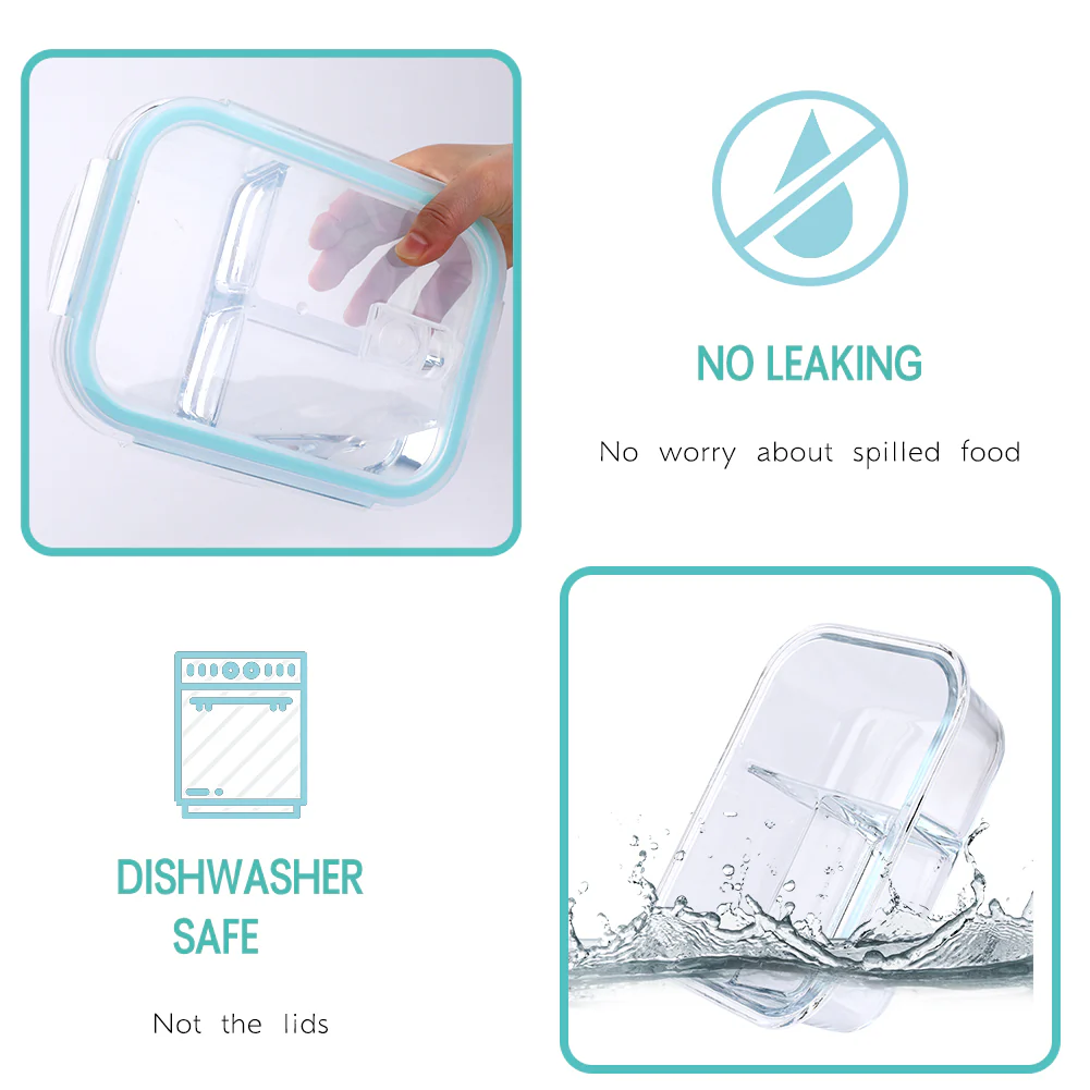 1040ML ,3 Compartment Glass Meal Prep Containers