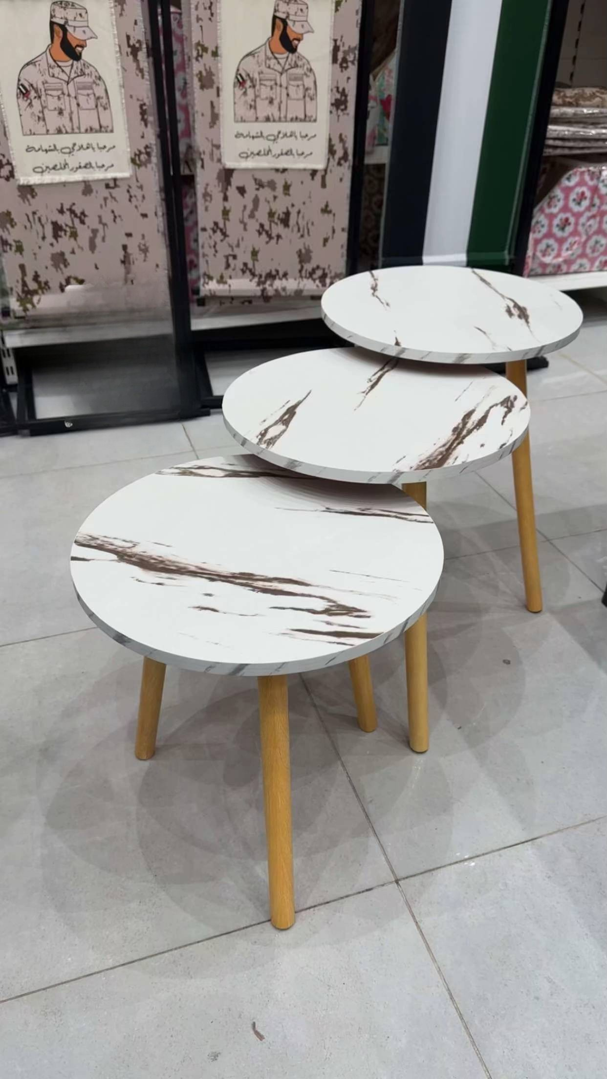 Modern Nesting Side Tables Set of 3, White Marble Effect  Black Brown Color