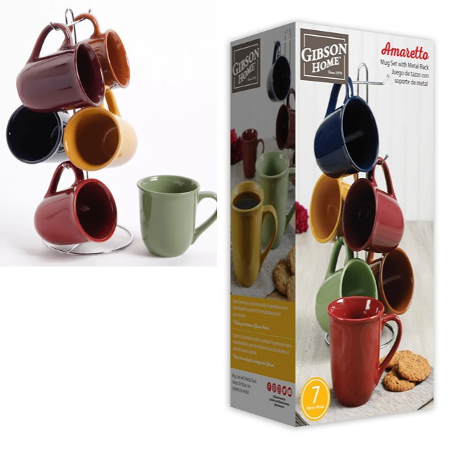 Gibson Cafe Amaretto 7pc Mug Set, 6 Asst Colors