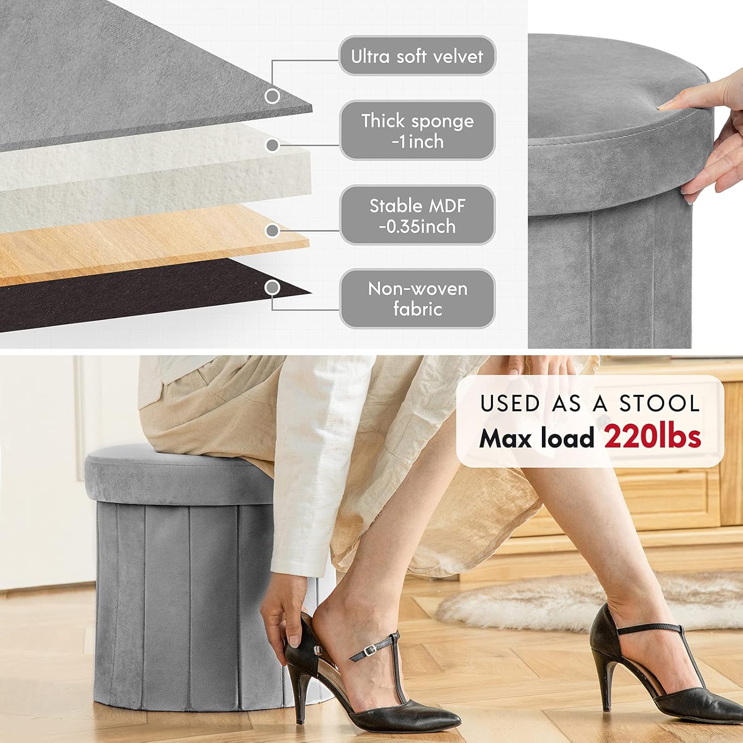 Phantoscope Storage Ottoman Round15 Inch, Velvet Folding Storage Boxes Footrest Foot Ottoman Toy Box