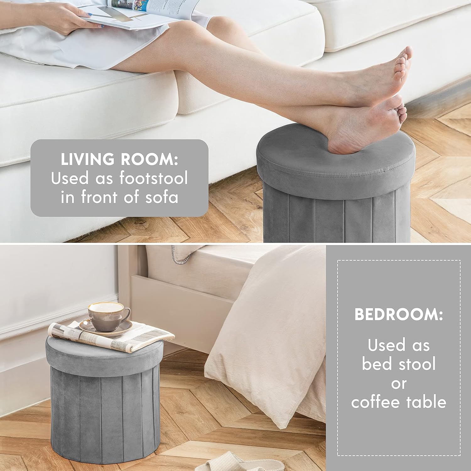 Phantoscope Storage Ottoman Round15 Inch, Velvet Folding Storage Boxes Footrest Foot Ottoman Toy Box