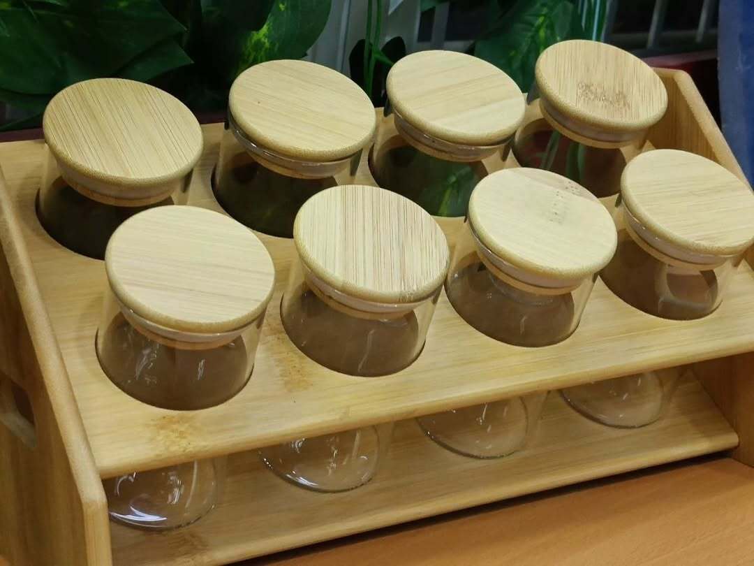 Large Wood 8 Spice Bottle Set