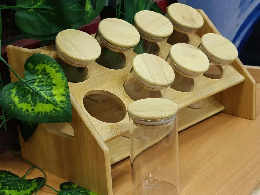 Large Wood 8 Spice Bottle Set