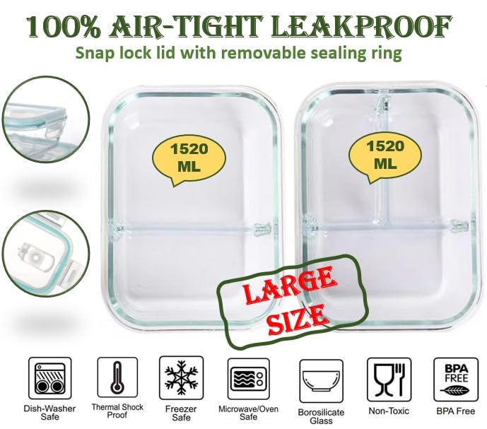 Large 3 Compartment Glass Meal Prep Container -1520ml Size