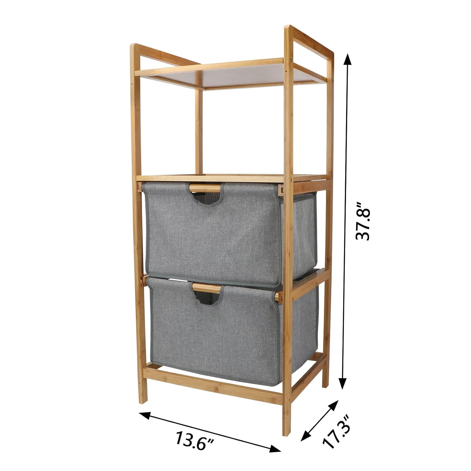 Basket Storage Drawers Unit, 4 Tier Dresser Tower Organizer with Bamboo Frame and Grey Fabric Cloth Baskets for Bedroom