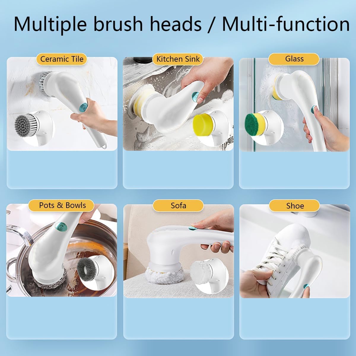Electric Spin Scrubber, Rechargeable Hand Cleaning Brush with 5 Interchangeable Brush Heads