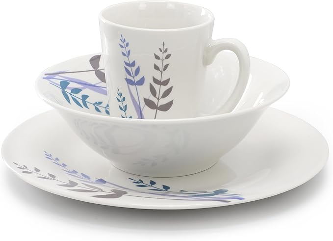 Gibson Home Blue Leaves 12 Piece Round Fine Ceramic Decorated Dinnerware Set in White