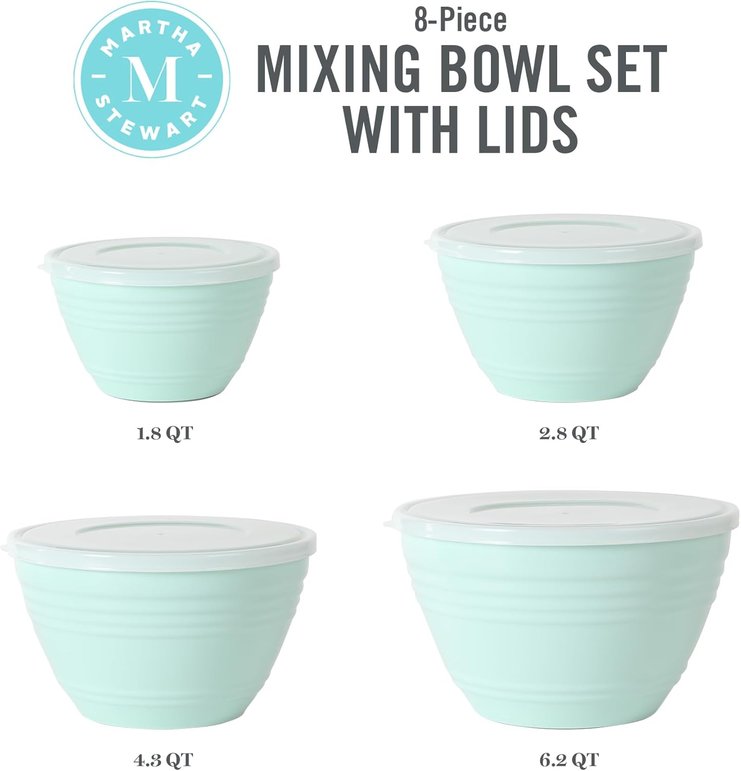 Martha Stewart Hoyt 8 pc Round Mixing Bowl Set w/Lid - 6.2 QT, 4.3 QT, 2.8 QT, 1.8 QT, Martha Blue