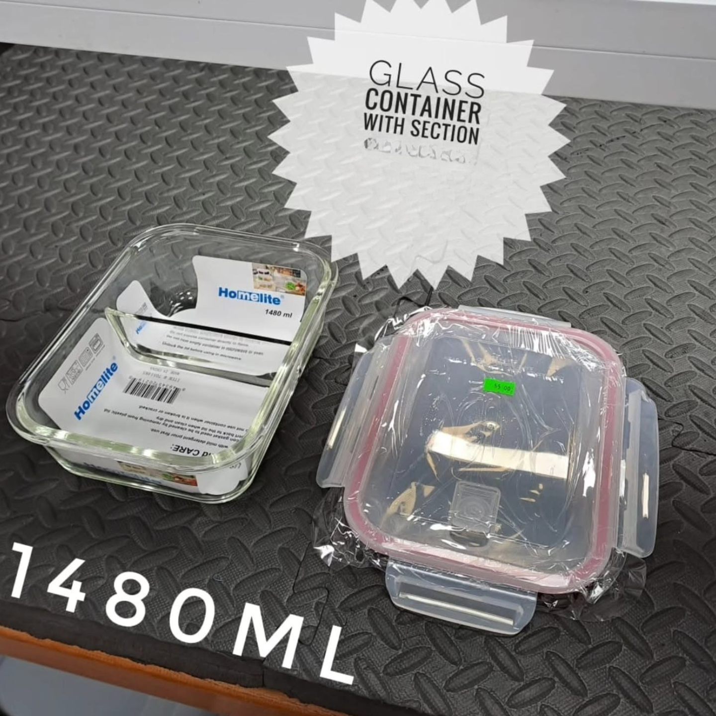 1480ML ,2 Compartment Glass Meal Prep Containers