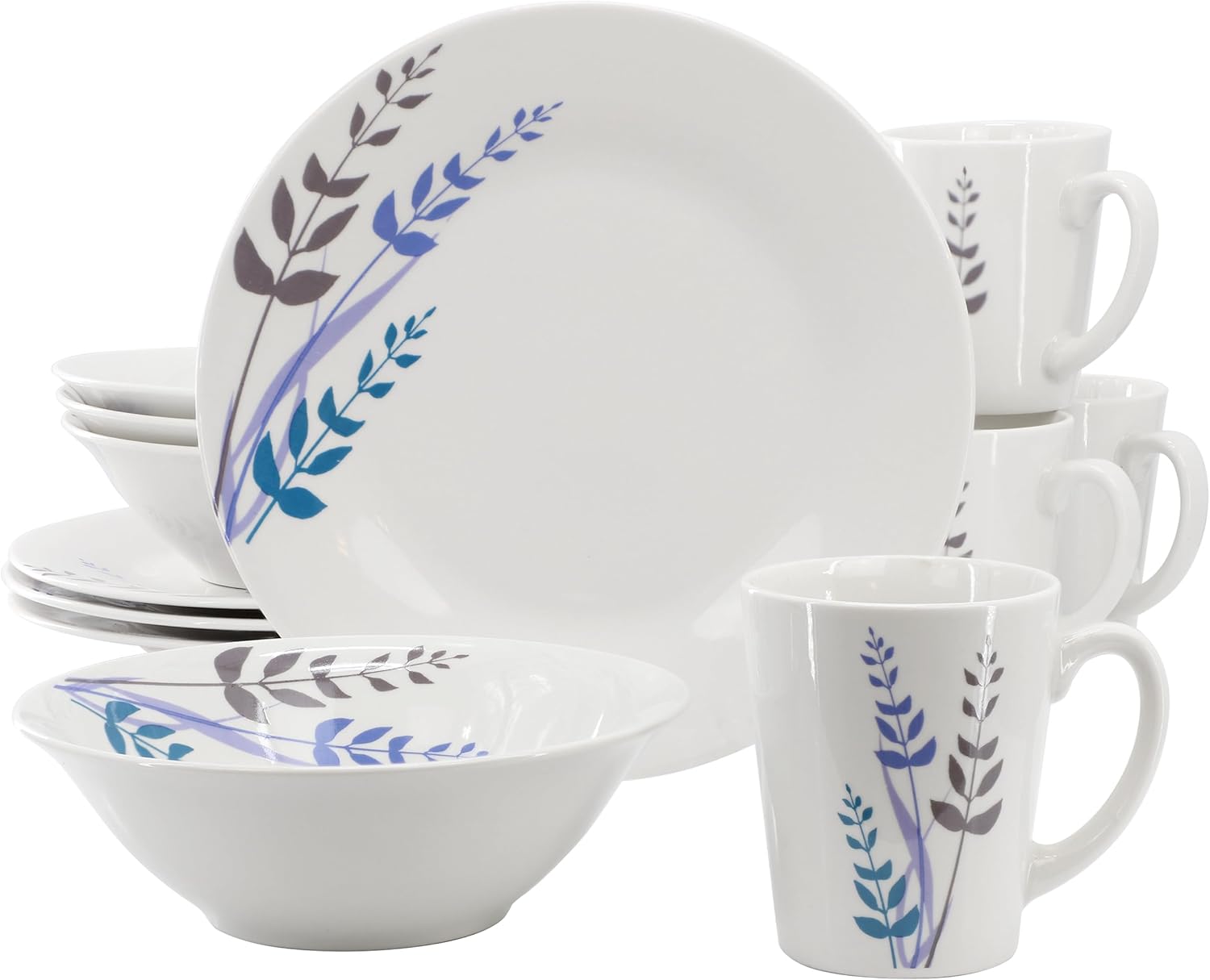 Gibson Home Blue Leaves 12 Piece Round Fine Ceramic Decorated Dinnerware Set in White
