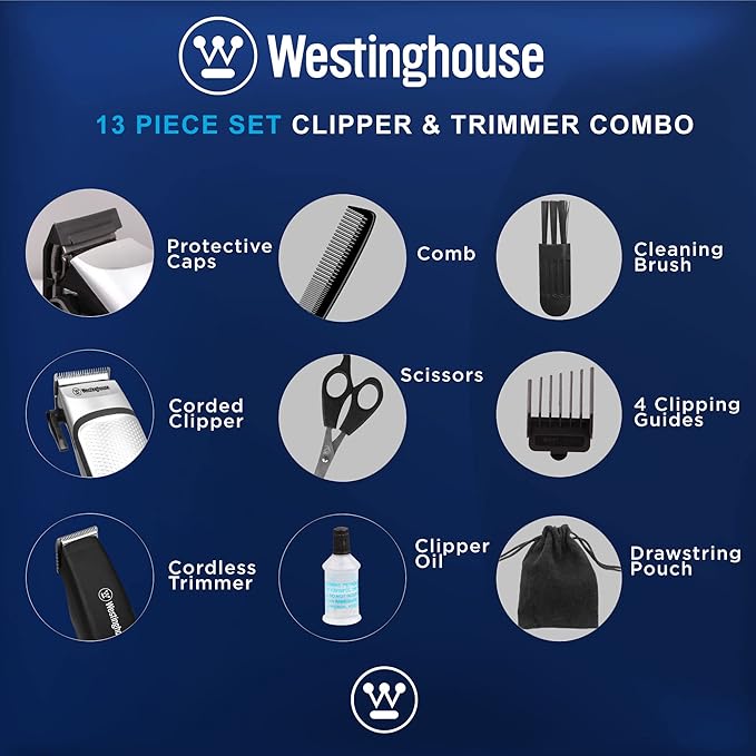 Westinghouse Men's Grooming Kit, Hair Clippers & Beard Trimmer, 13-Piece Set with Scissors, Comb, 4 Clipping Guides, Stainless Steel Blades WH1148