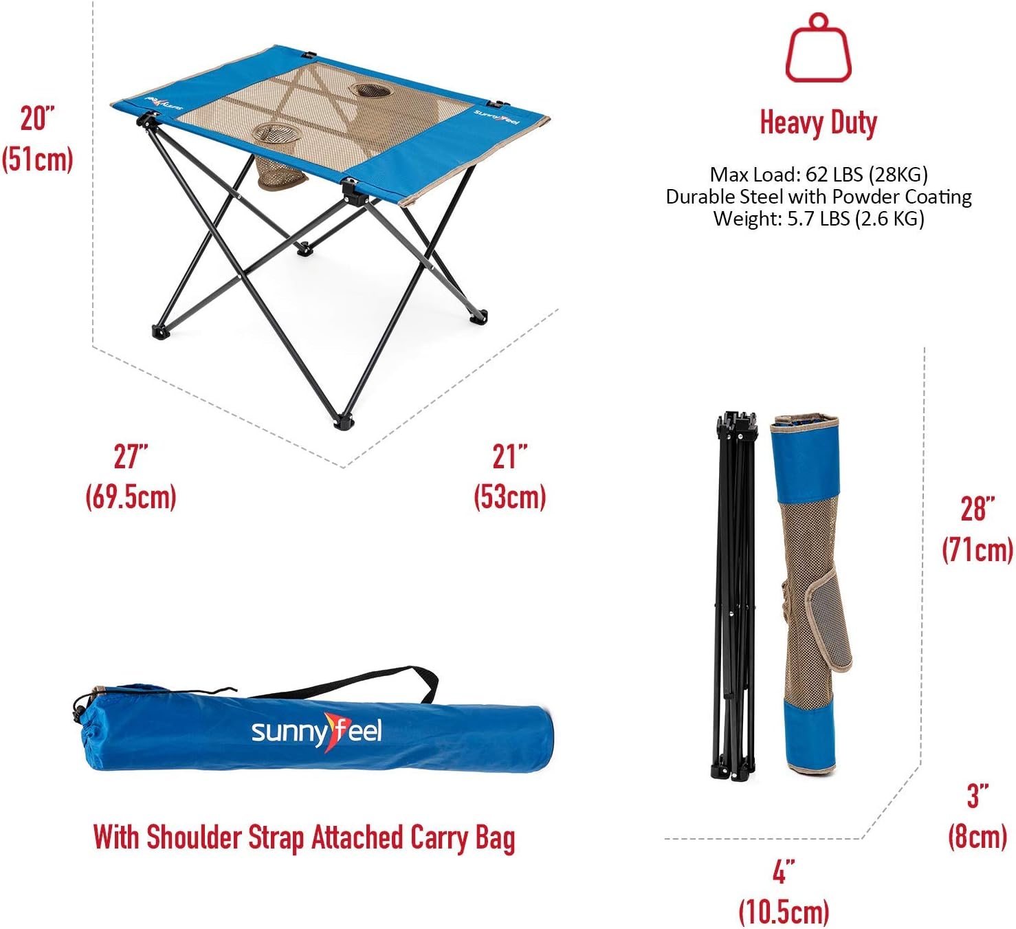 Sunnyfeel Folding Camping Table, Small Portable Picnic Table, Compact Sturdy Lightweight Fabric Top for Outdoor Dining Hiking Fishing (Blue)