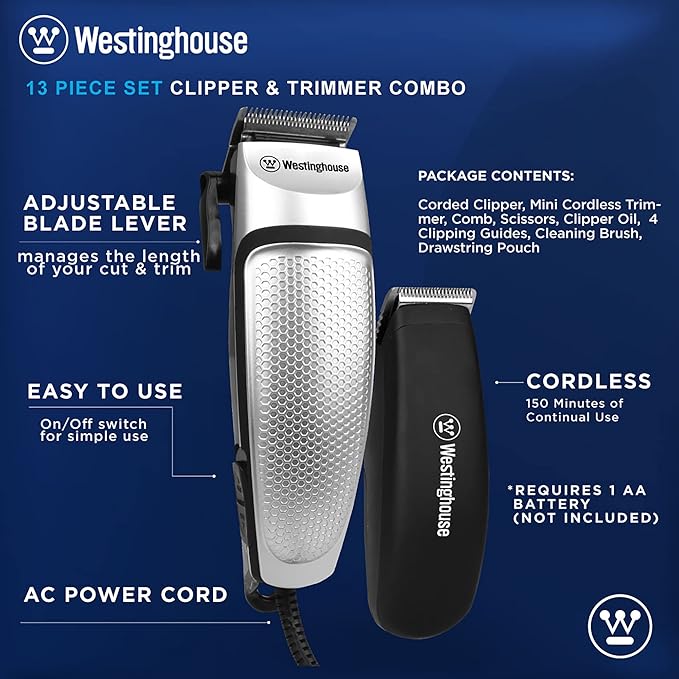 Westinghouse Men's Grooming Kit, Hair Clippers & Beard Trimmer, 13-Piece Set with Scissors, Comb, 4 Clipping Guides, Stainless Steel Blades WH1148