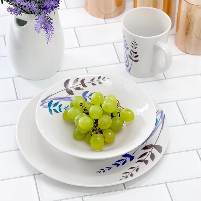Gibson Home Blue Leaves 12 Piece Round Fine Ceramic Decorated Dinnerware Set in White