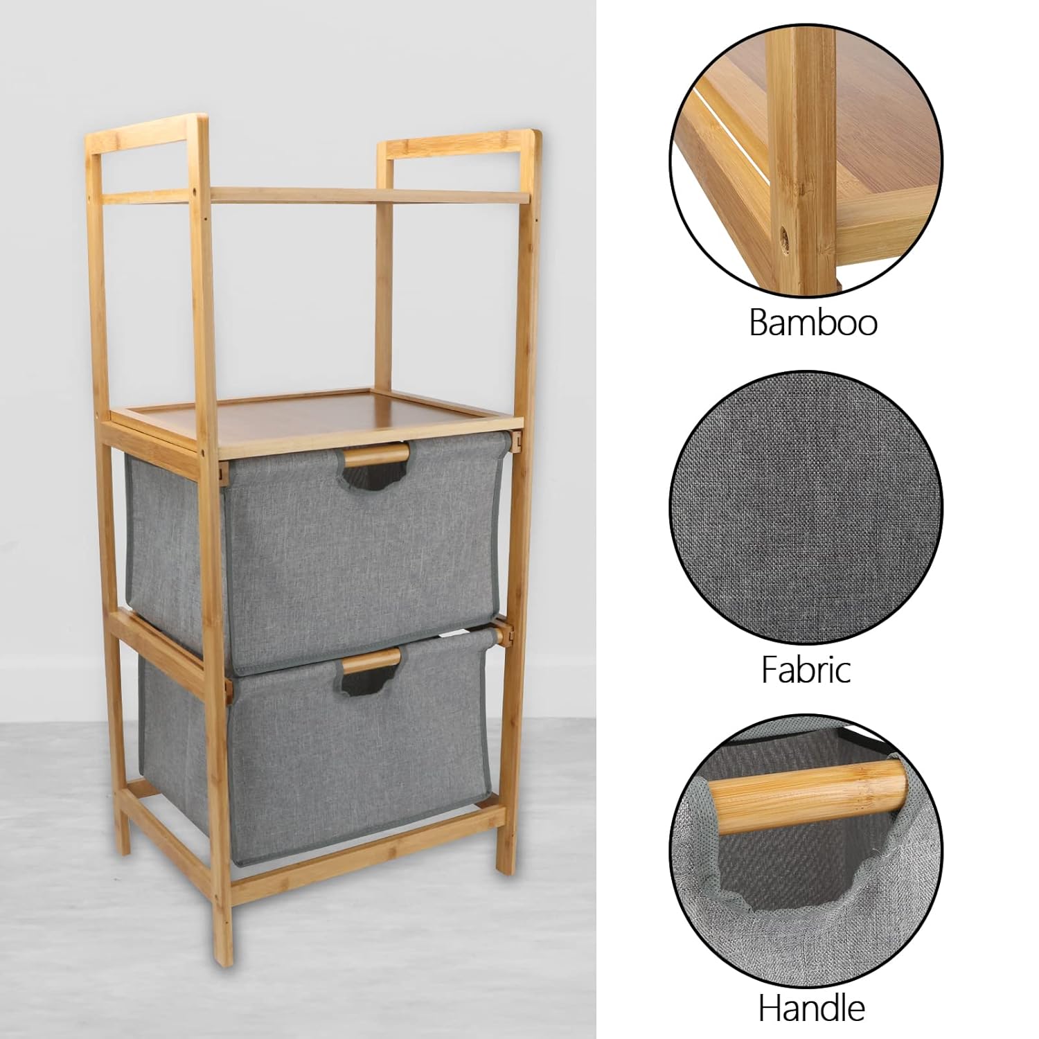 Basket Storage Drawers Unit, 4 Tier Dresser Tower Organizer with Bamboo Frame and Grey Fabric Cloth Baskets for Bedroom