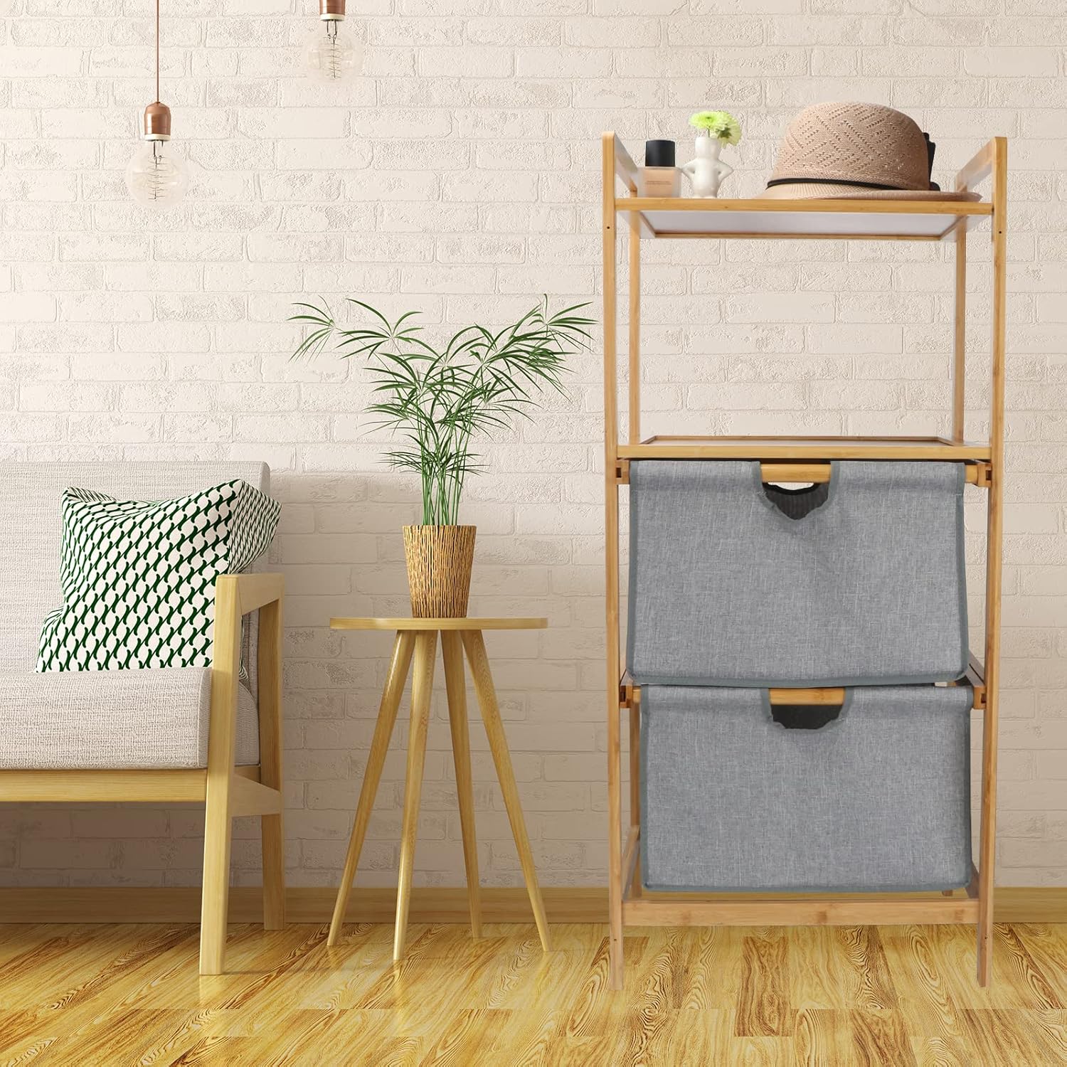 Basket Storage Drawers Unit, 4 Tier Dresser Tower Organizer with Bamboo Frame and Grey Fabric Cloth Baskets for Bedroom