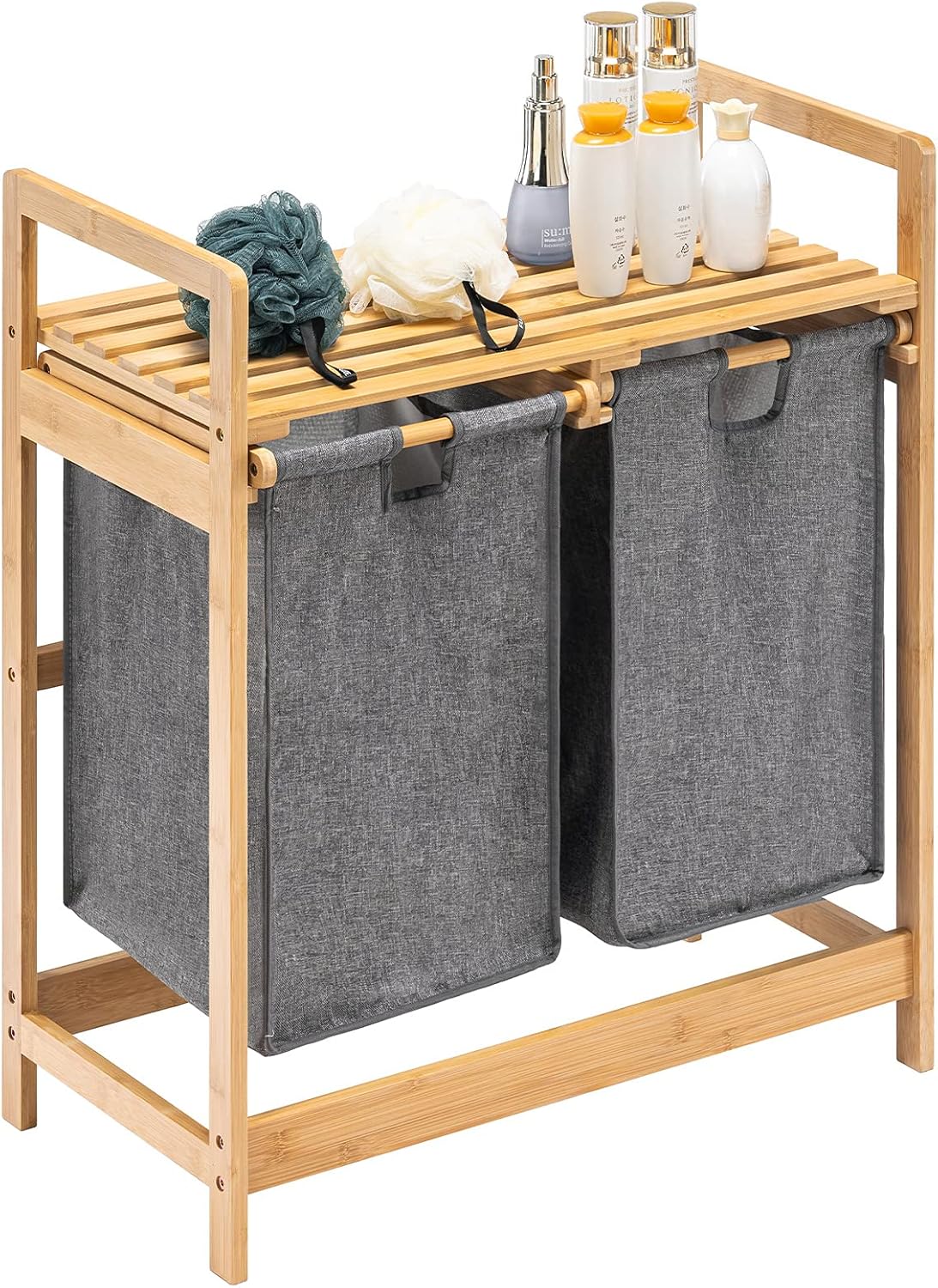Laundry Basket Made of Bamboo Frame with Shelves, Laundry Hamper with 2 Extendable Laundry Bags for Bedroom
