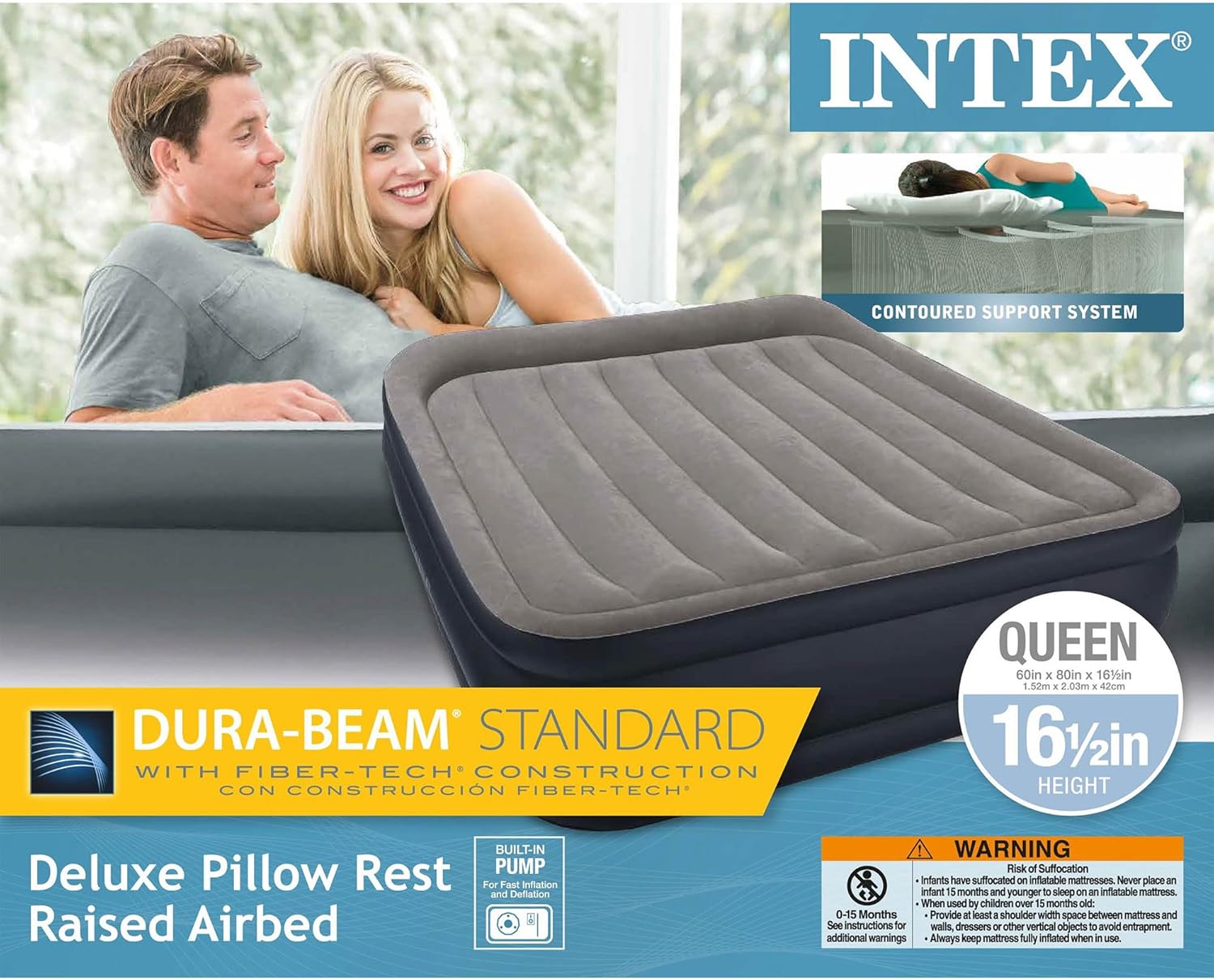 Intex - 64135 Dura-Beam Standard Series Deluxe Pillow Rest Raised Airbed w/Soft Flocked Top for Comfort, Built-in Pillow Electric Pump, Bed Height 16.5