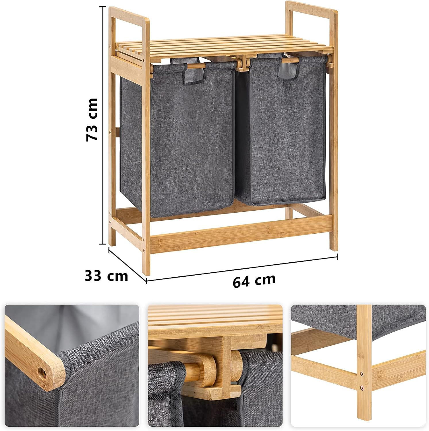 Laundry Basket Made of Bamboo Frame with Shelves, Laundry Hamper with 2 Extendable Laundry Bags for Bedroom