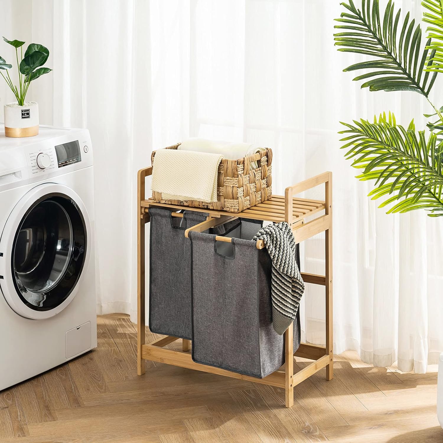 Laundry Basket Made of Bamboo Frame with Shelves, Laundry Hamper with 2 Extendable Laundry Bags for Bedroom