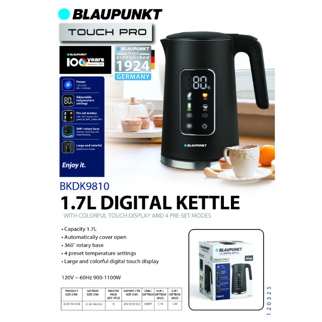 Blaupunkt 1.7L Digital Kettle  with Colorful Touch Display and 4 Preset Modes. 120V~60Hz 900-1100W