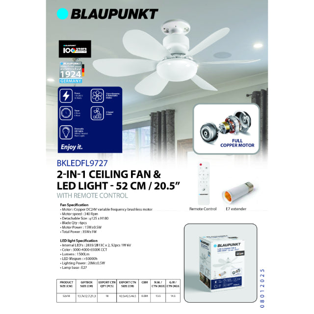 Blaupunkt 2-in-1 Ceiling Fan LED Light with Remote Control BKLEDFL9727