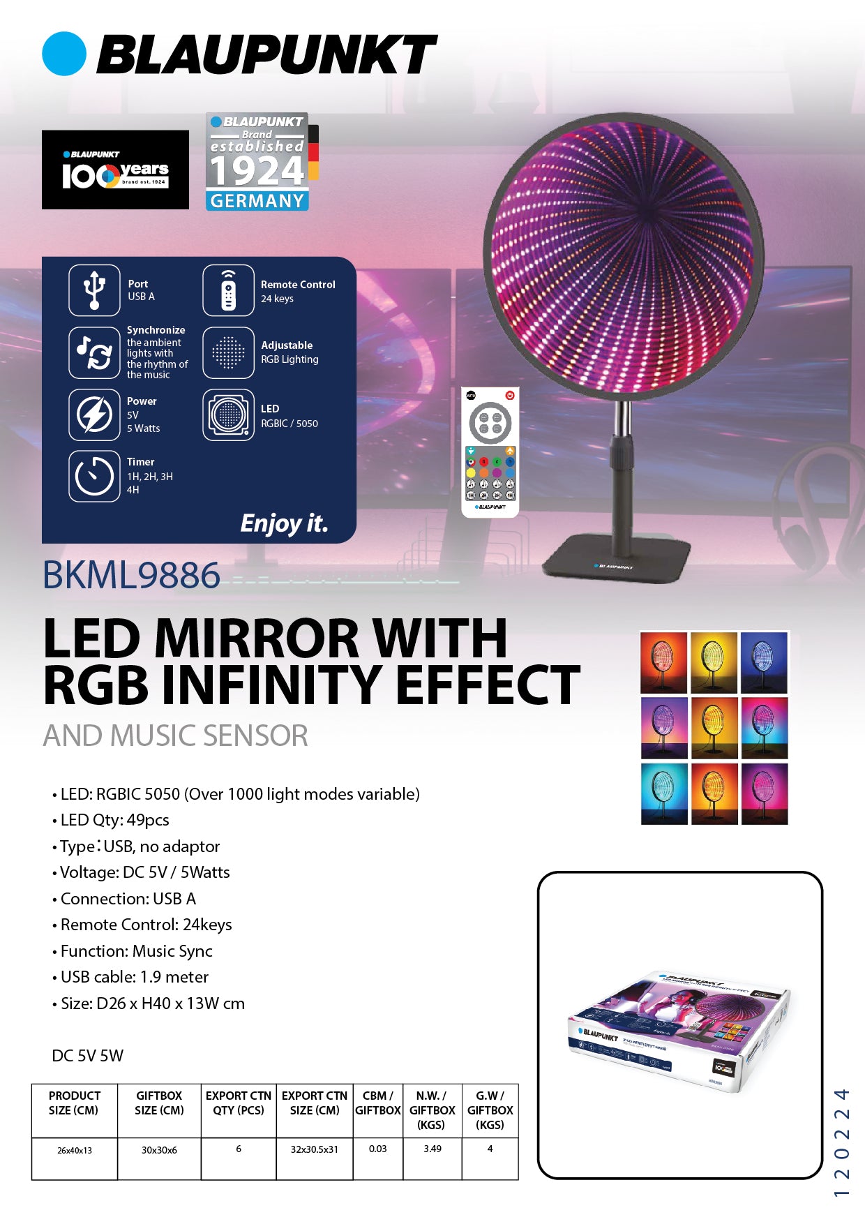 Blaupunkt Led Mirror with RGB Infinity Effect and music sensor