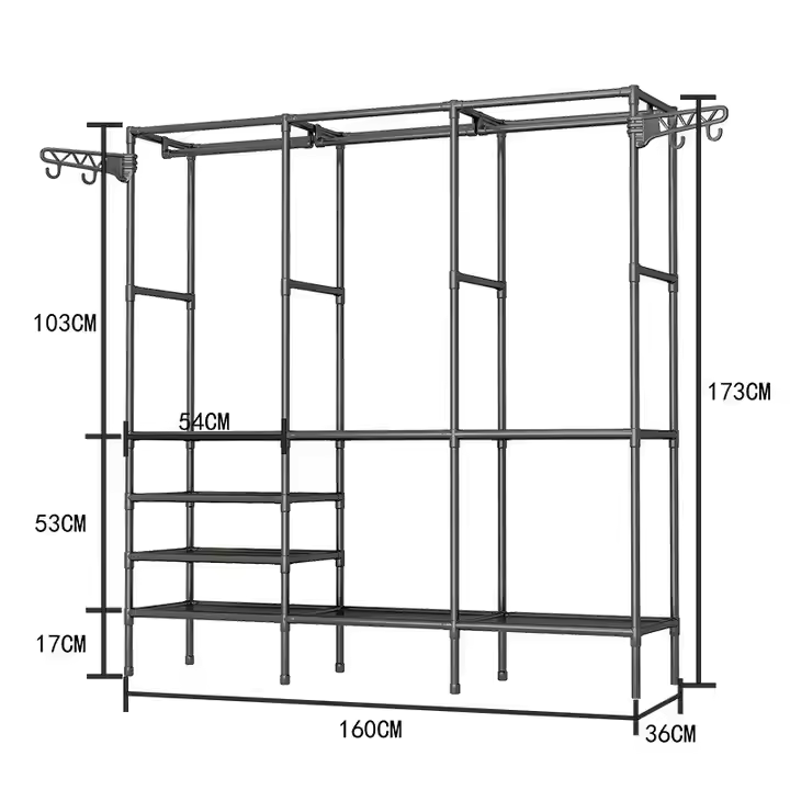 3 Row Metal Multifunctional Clothes & Hat Integrated Rack 160CM Length