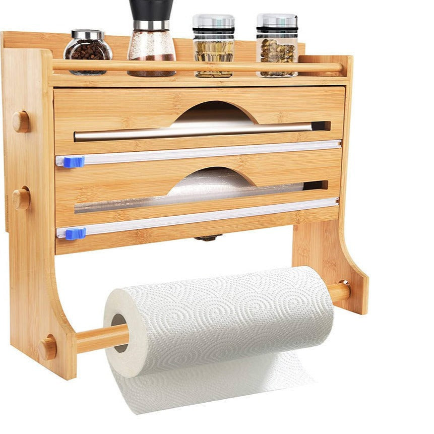 Bamboo 4 in1 Food Foil Plastic Wrap Dispenser with Paper Napkin Towel Holders Storage Organizer Box