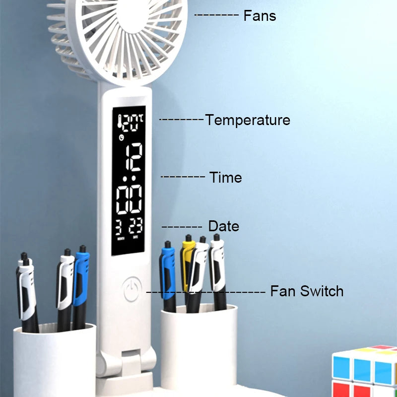 Rechargeable Study Reading Clock/Date/Temperature Foldable Desk Lamp with fan