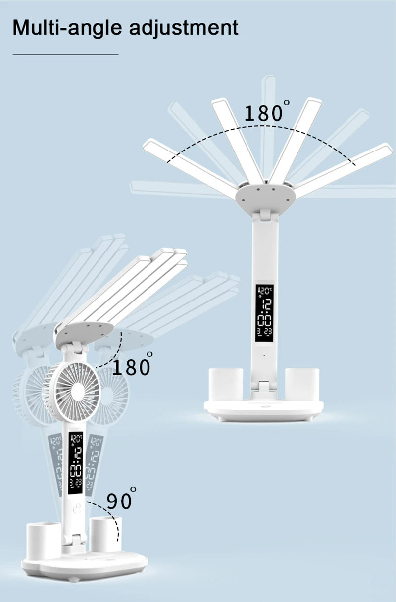 Rechargeable Study Reading Clock/Date/Temperature Foldable Desk Lamp with fan