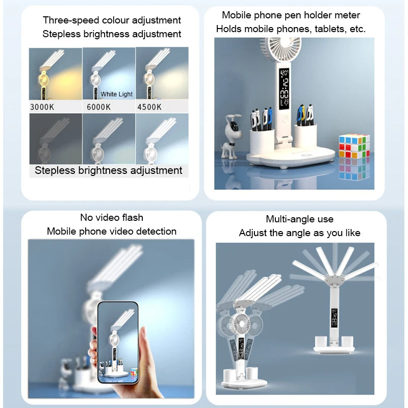 Rechargeable Study Reading Clock/Date/Temperature Foldable Desk Lamp with fan