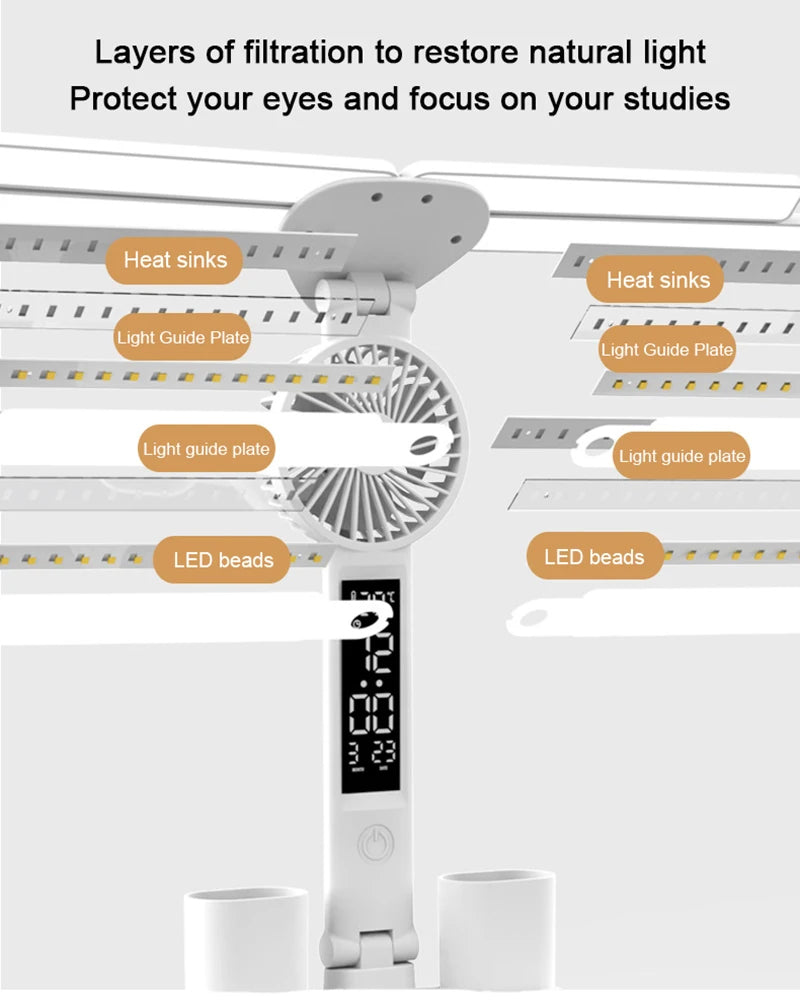 Rechargeable Study Reading Clock/Date/Temperature Foldable Desk Lamp with fan