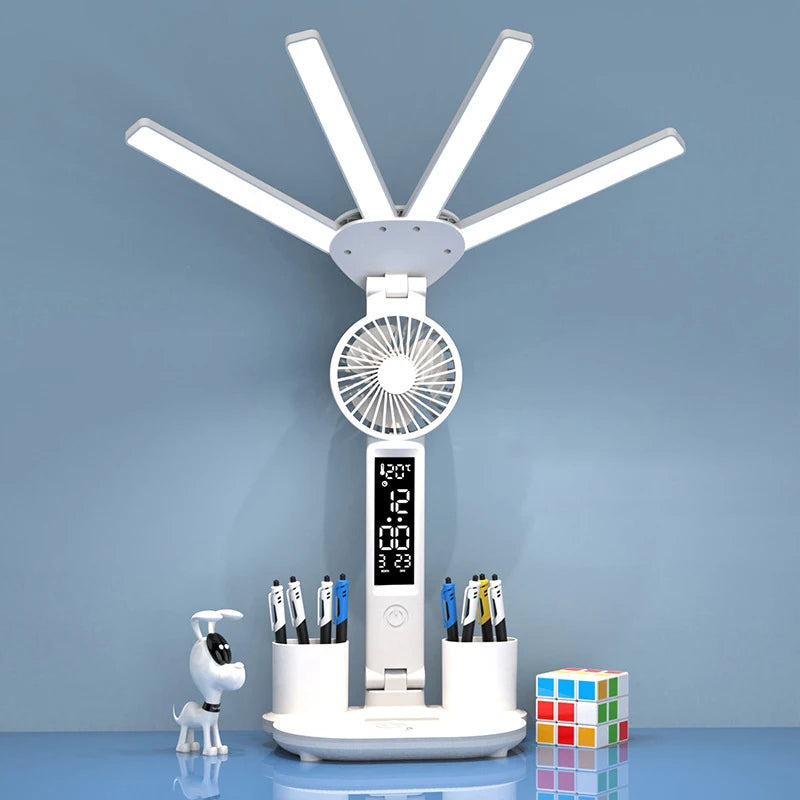 Rechargeable Study Reading Clock/Date/Temperature Foldable Desk Lamp with fan