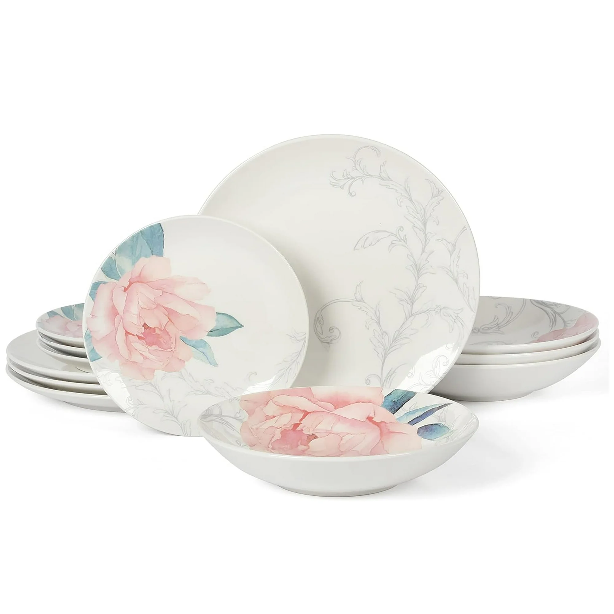 Martha Stewart Everyday Peony 12 Piece Round Fine Ceramic Dinnerware Set in White and Pink