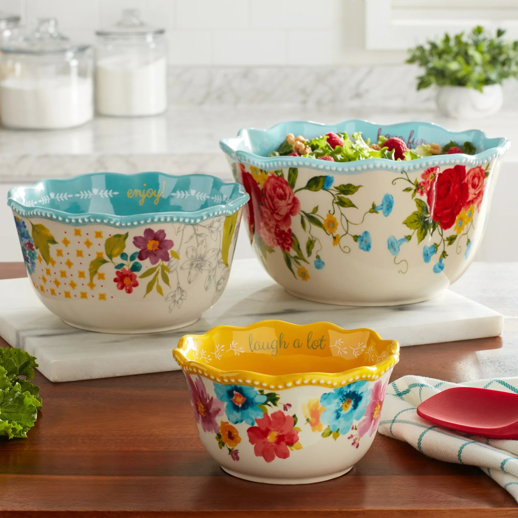 The Pioneer Woman Sweet Rose Sentiment Serving Bowls, 3-Piece Set