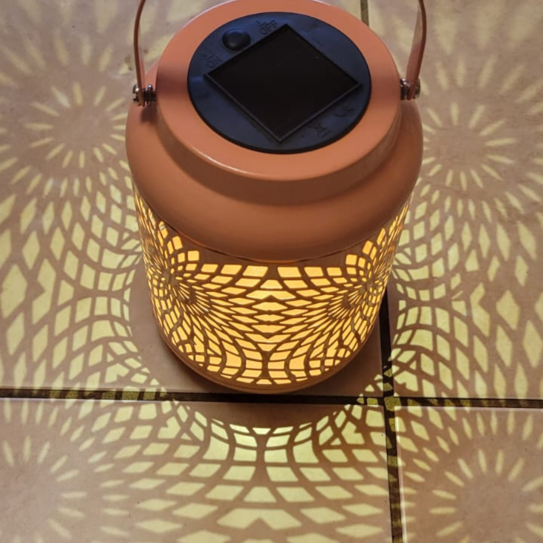 Solar Lantern Coral Pink Metal Cutout Scrollwork Outdoor Hanging Solar Light