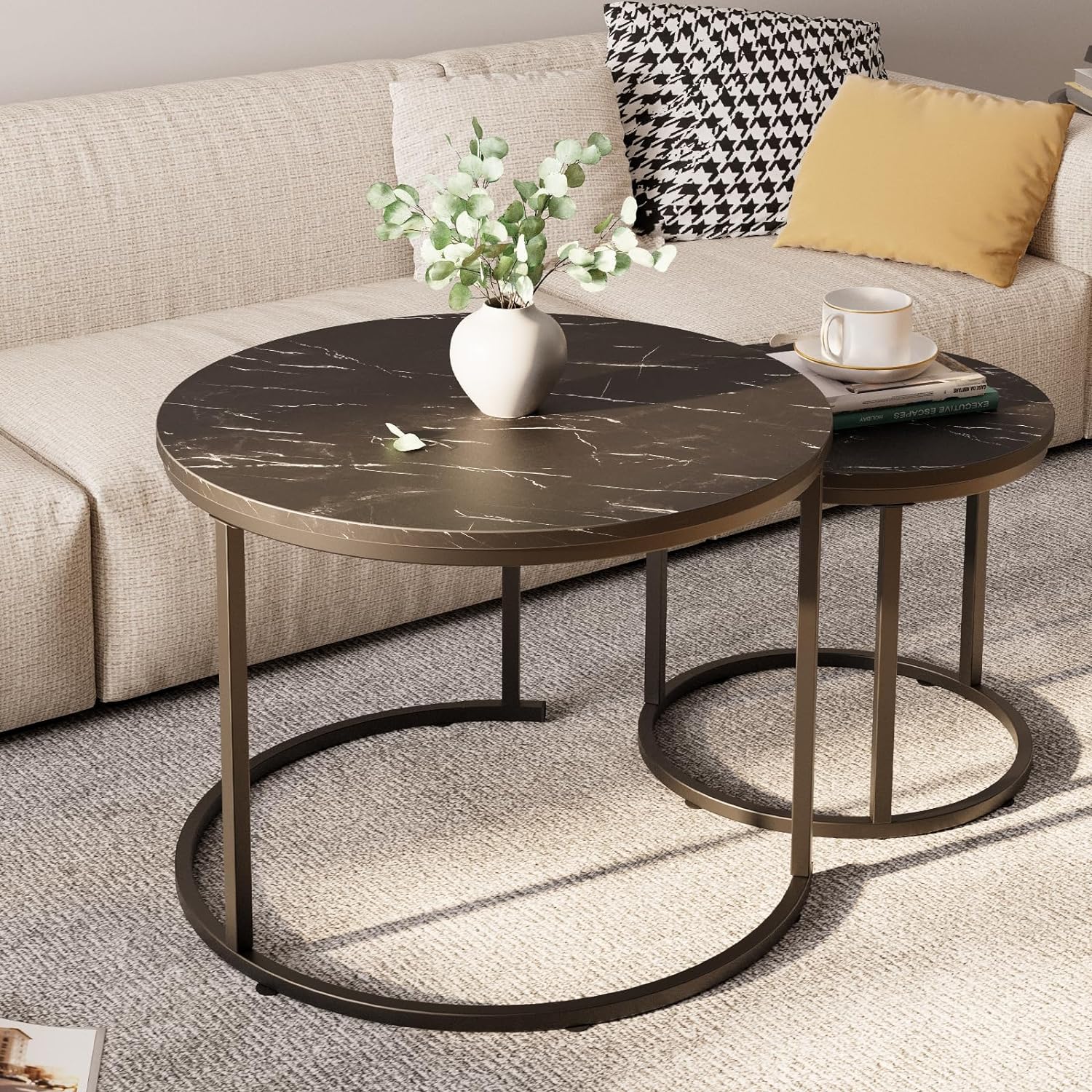 Get the Round Nesting Coffee Table Side Table Set of 2 End Tables for Living Room Bedroom Balcony