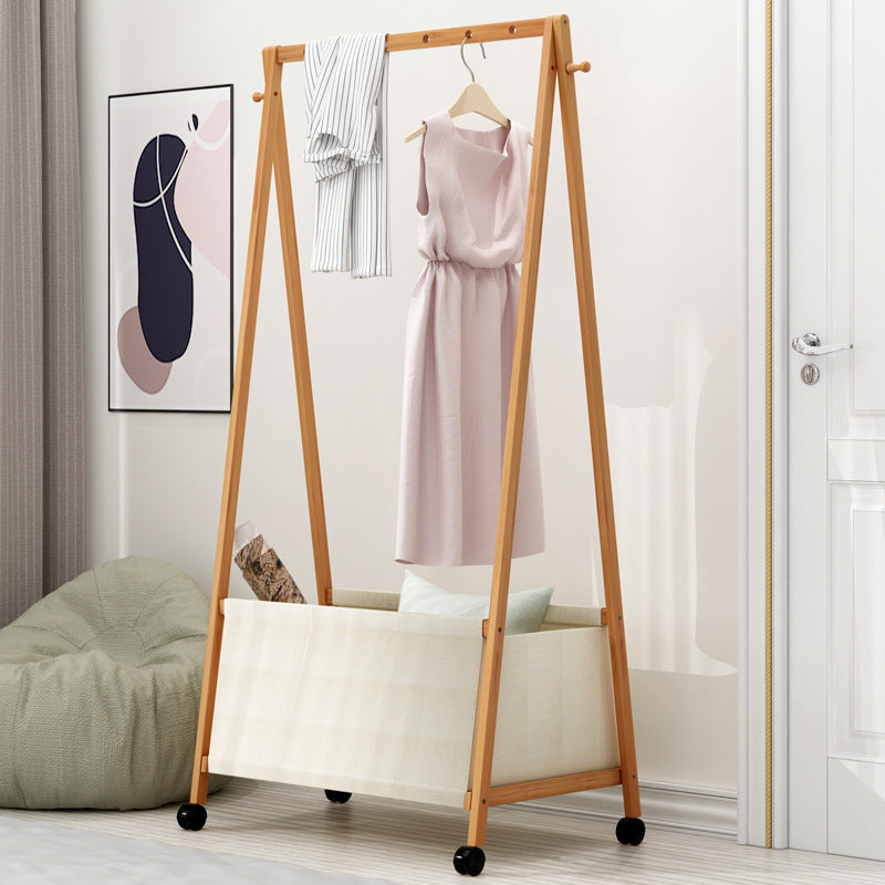 Freestanding Bamboo Fabric Basket Coat Rack Multifunctional Space Saving with Wheels for Clothes Hats Bags and Shoe Box
