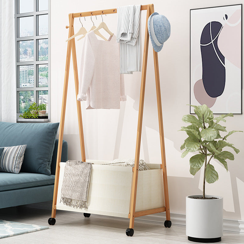 Freestanding Bamboo Fabric Basket Coat Rack Multifunctional Space Saving with Wheels for Clothes Hats Bags and Shoe Box