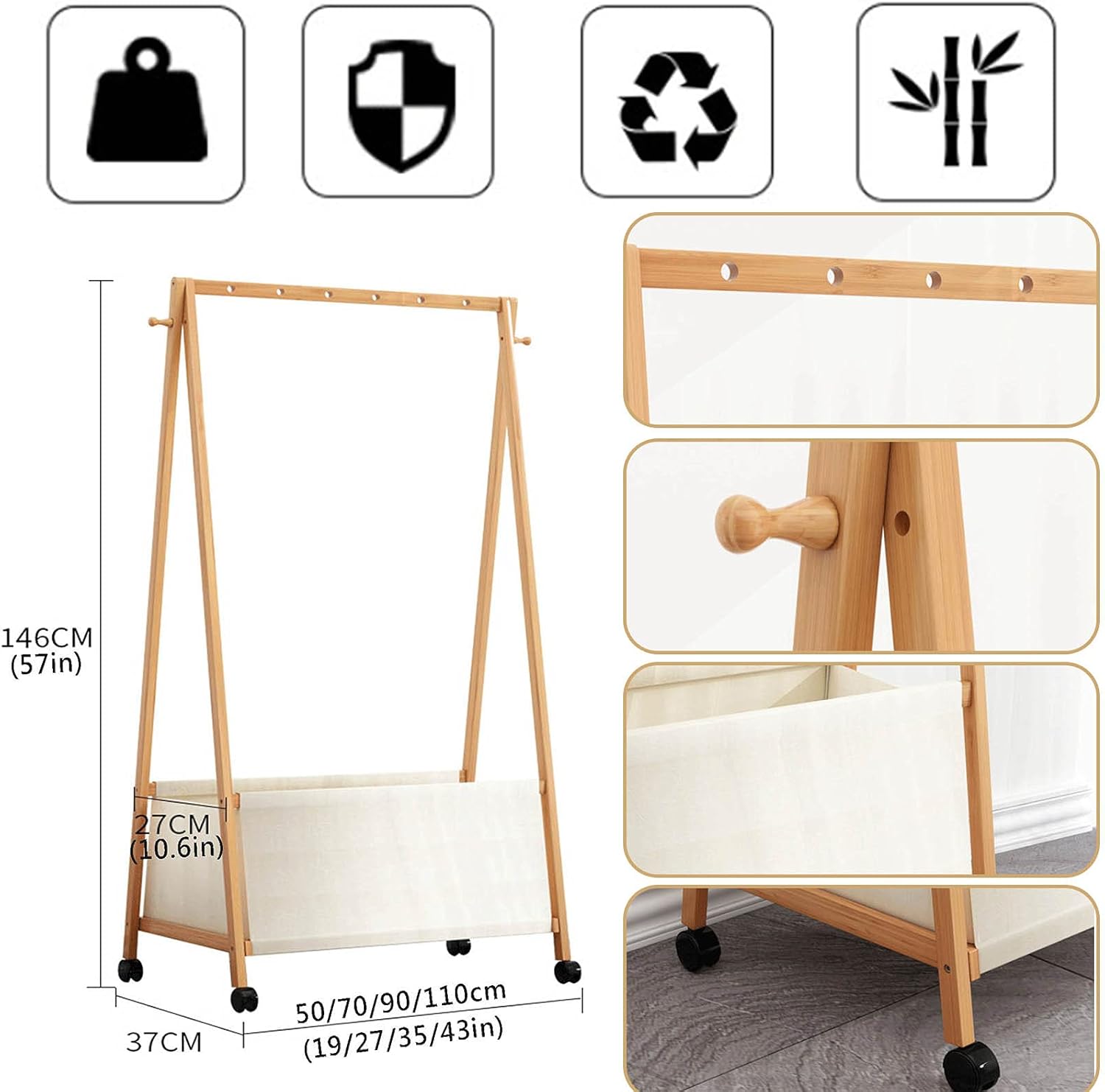 Freestanding Bamboo Fabric Basket Coat Rack Multifunctional Space Saving with Wheels for Clothes Hats Bags and Shoe Box